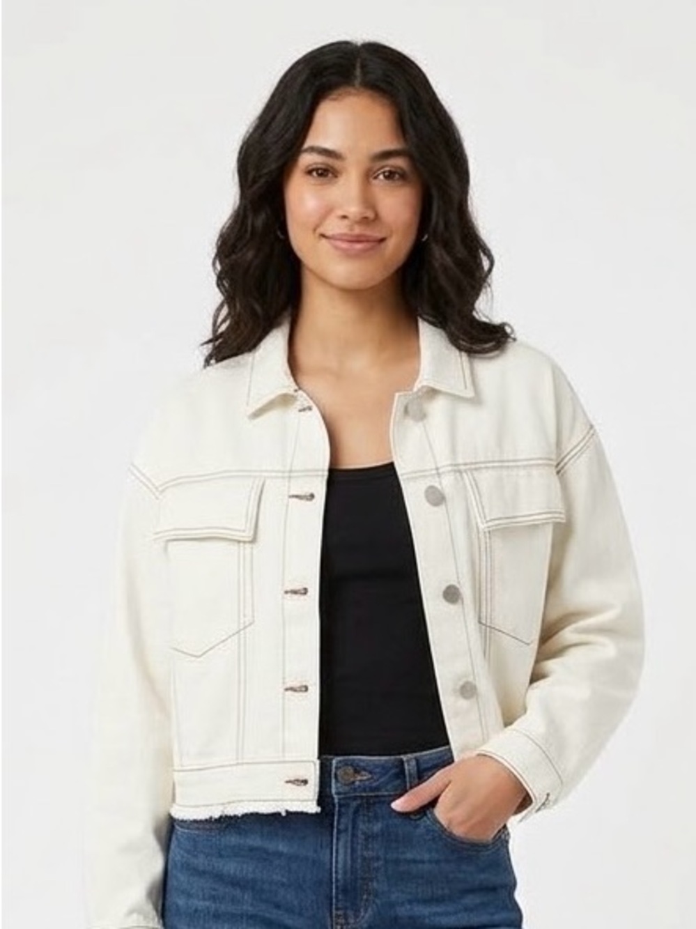 Gilli Stitch Fix Cream Cropped Denim Trucker Jacket L Contrast Stitch Raw Hem